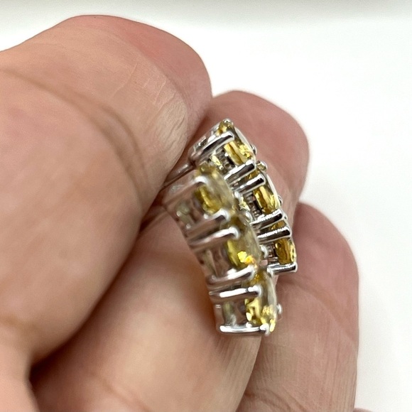 Sterling Silver 925 Yellow Gemstone Stud Earrings. 3 Gemstones Prong Set - Picture 4 of 11